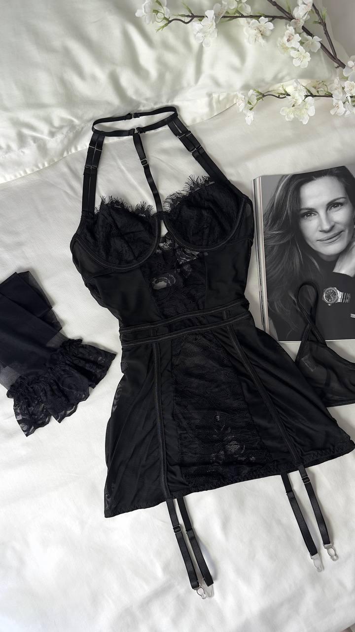Black Lace Chemise Lingerie Set with Garters