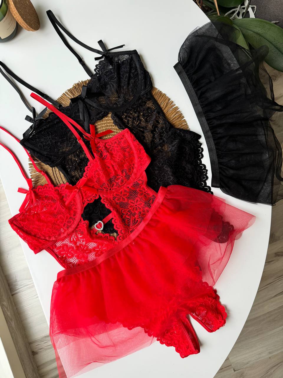 Red Lace Bodysuit Set with Sheer Skirt – Bodysuit & Tulle Overlay