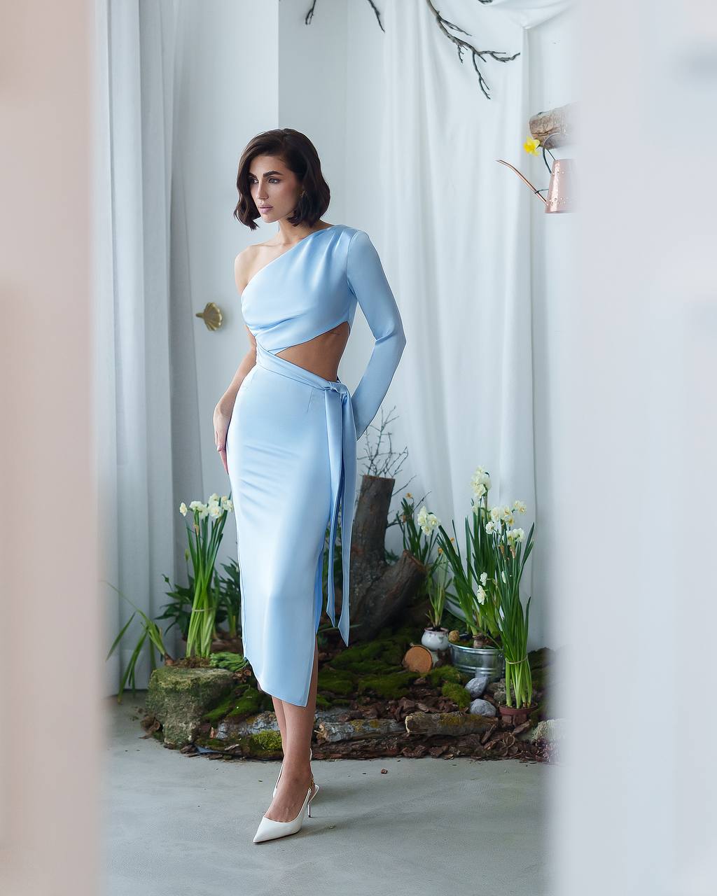 One-Shoulder Satin Dress with Sculptural Cut-Out