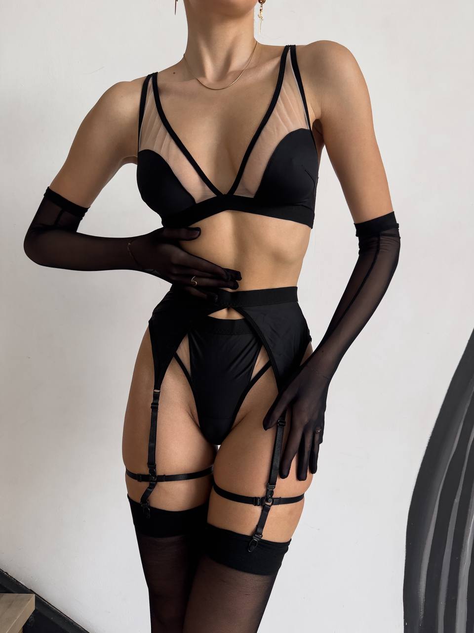 Sheer Mesh Lingerie Set with Garter Belt & Gloves