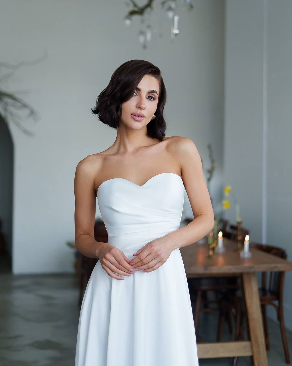 Strapless Satin Midi Dress