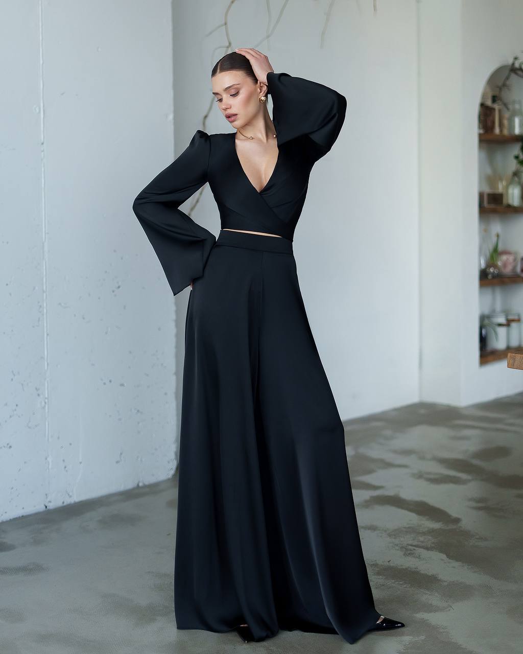 Elegant Wrap Top & Wide-Leg Pants Set