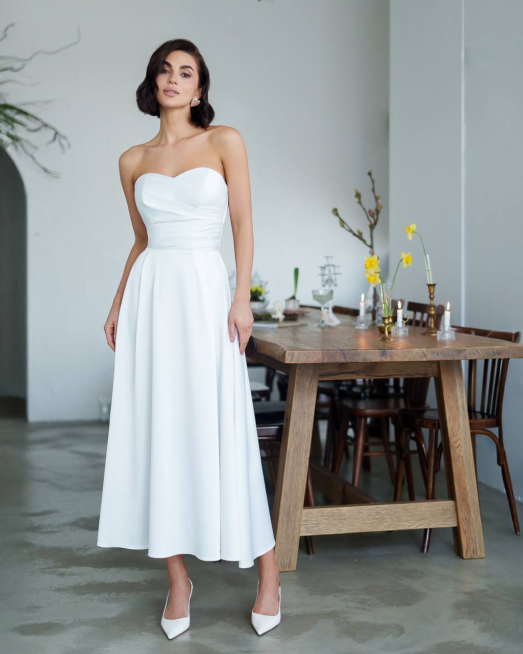 Strapless Satin Midi Dress