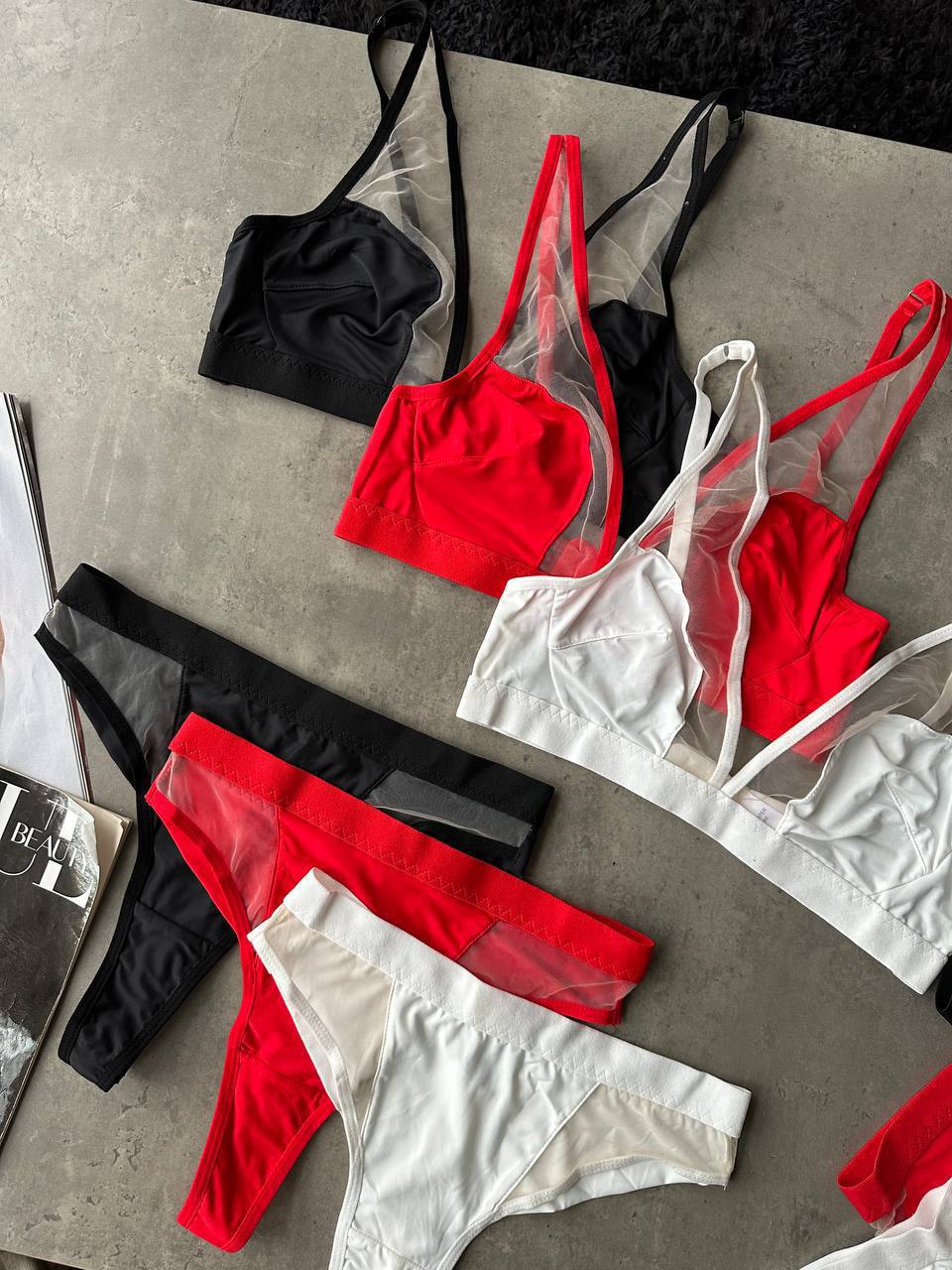 Sheer Mesh Lingerie Set with Garter Belt & Gloves