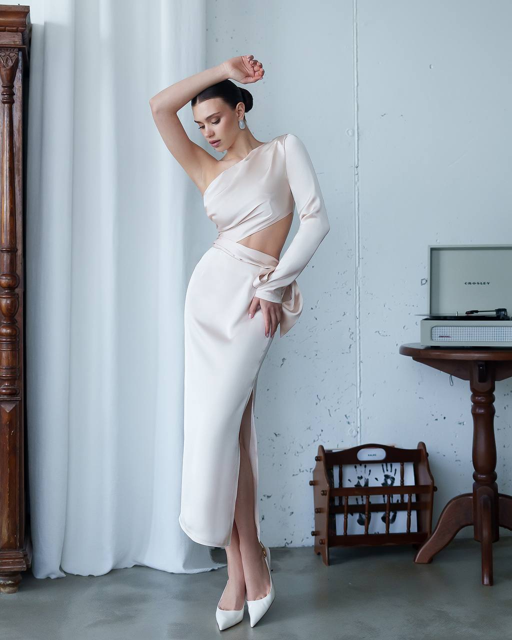 One-Shoulder Satin Dress with Sculptural Cut-Out