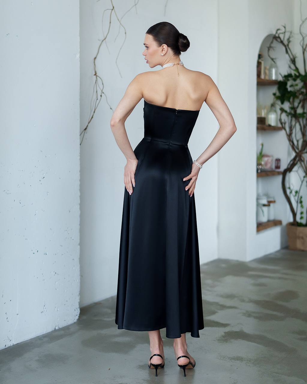 Strapless Satin Midi Dress