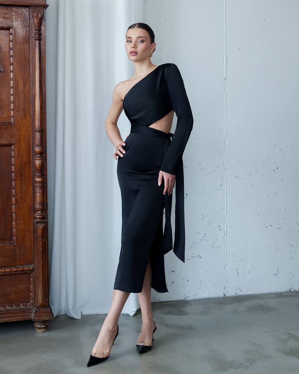 One-Shoulder Satin Dress with Sculptural Cut-Out