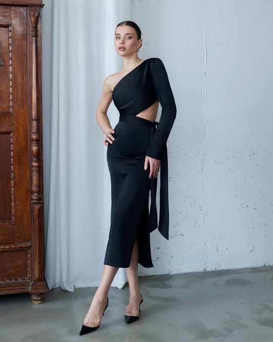 One-Shoulder Satin Dress with Sculptural Cut-Out