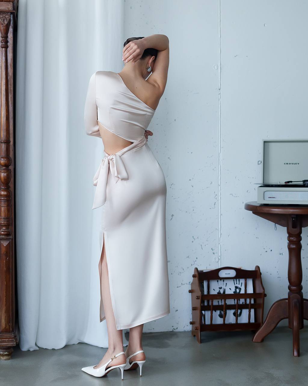 One-Shoulder Satin Dress with Sculptural Cut-Out