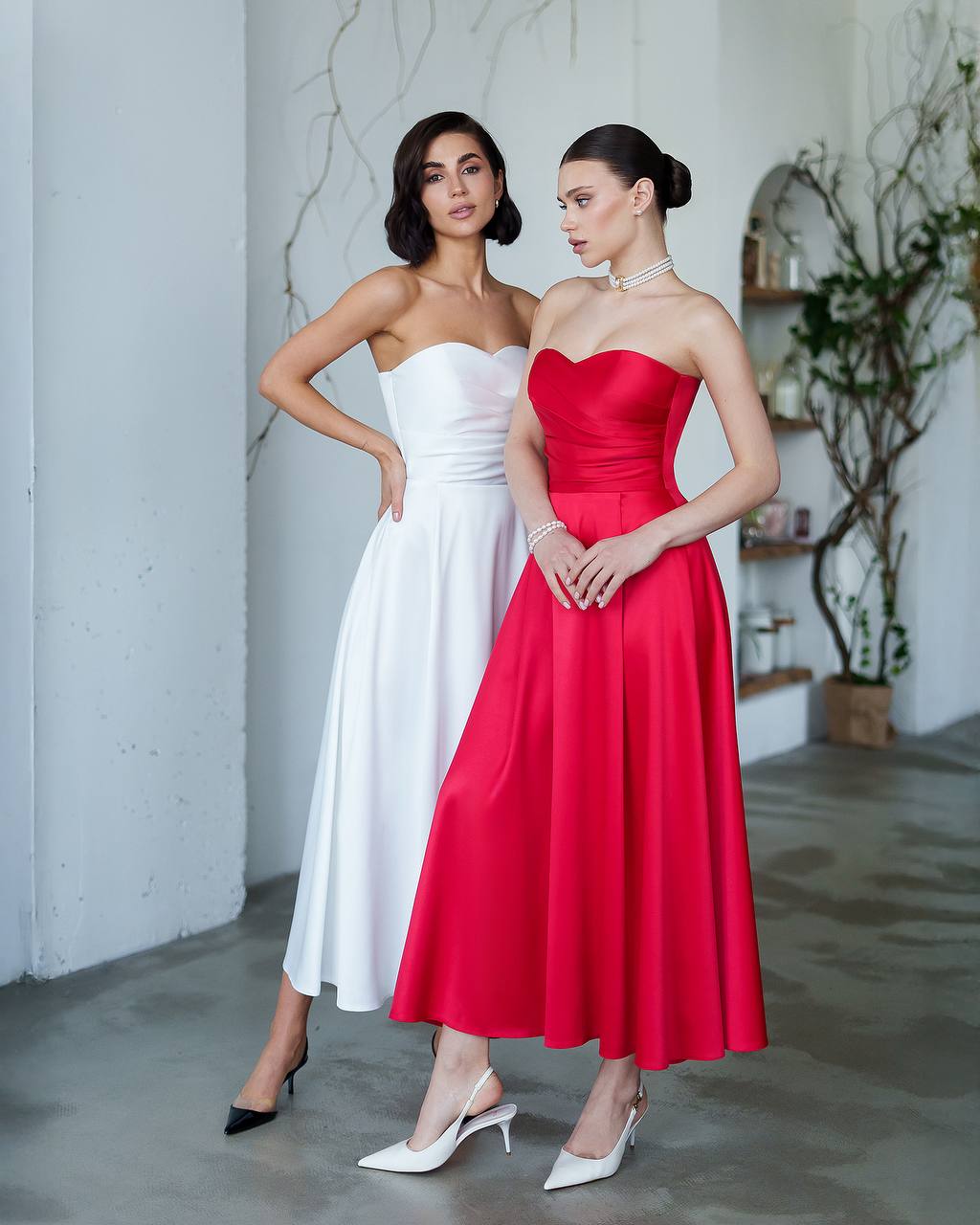 Strapless Satin Midi Dress