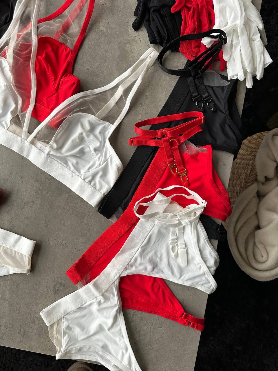 Sheer Mesh Lingerie Set with Garter Belt & Gloves