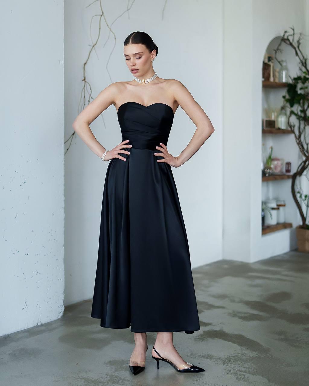 Strapless Satin Midi Dress
