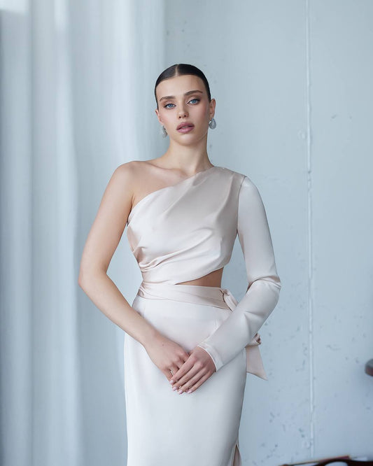 One-Shoulder Satin Dress with Sculptural Cut-Out