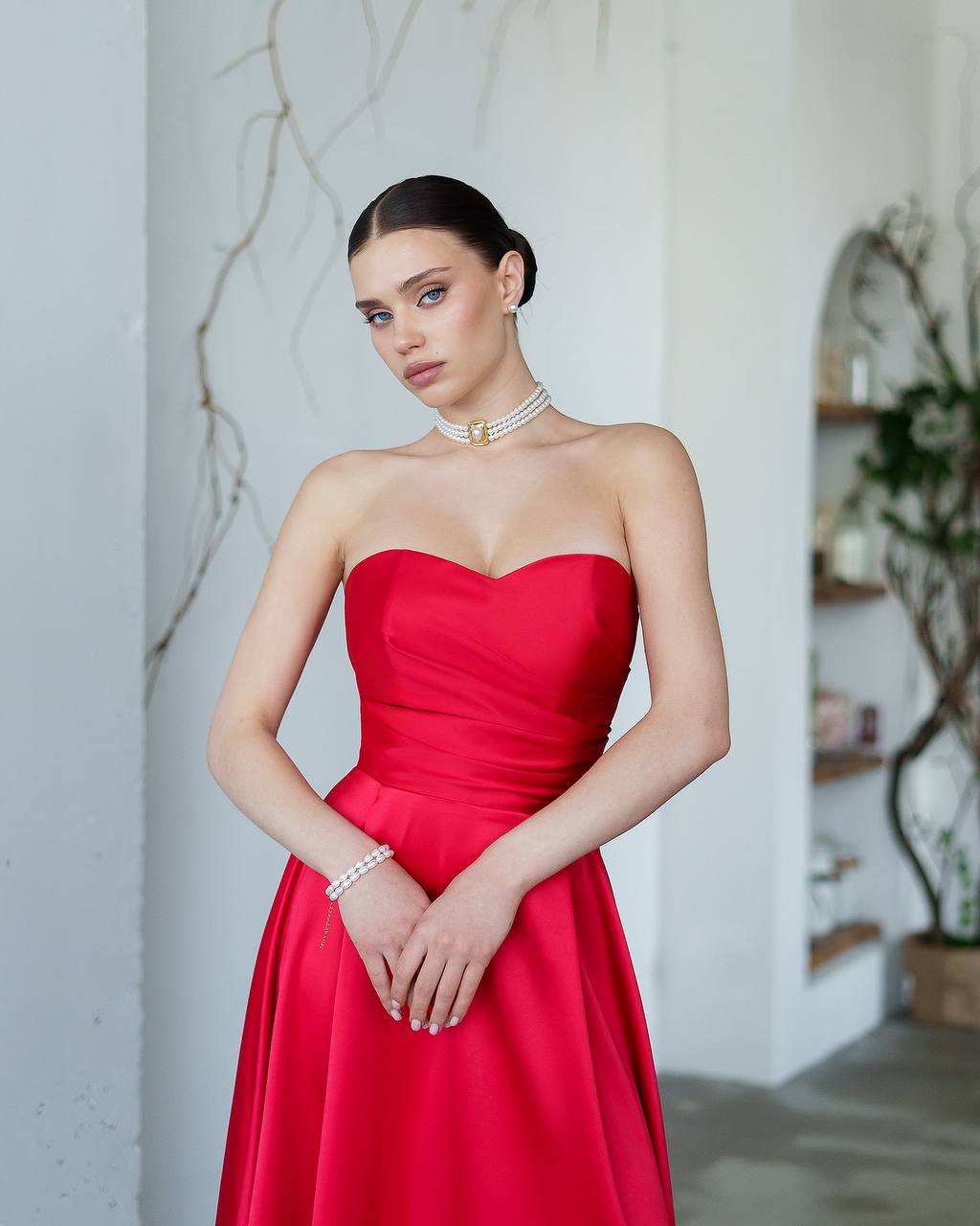 Strapless Satin Midi Dress