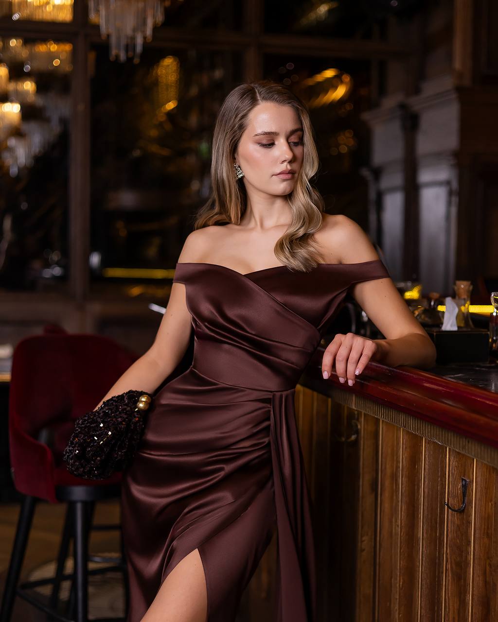 Off-Shoulder Satin Evening Gown with Draped Silhouette