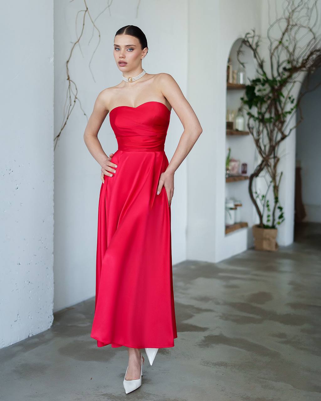 Strapless Satin Midi Dress