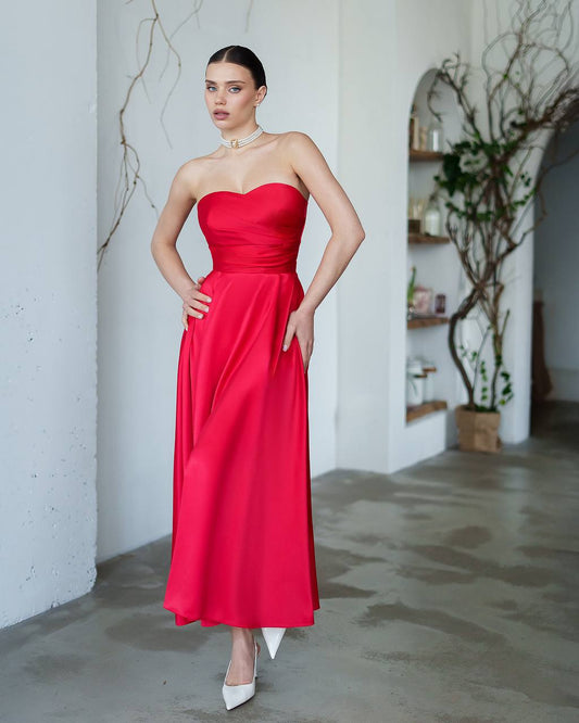 Strapless Satin Midi Dress