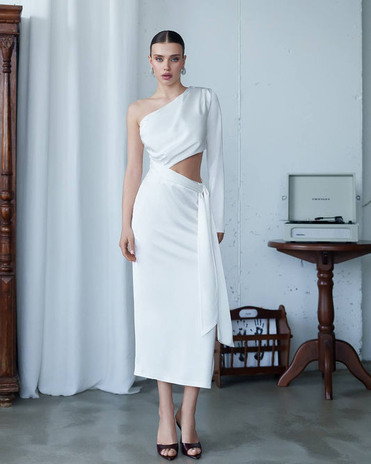 One-Shoulder Satin Dress with Sculptural Cut-Out
