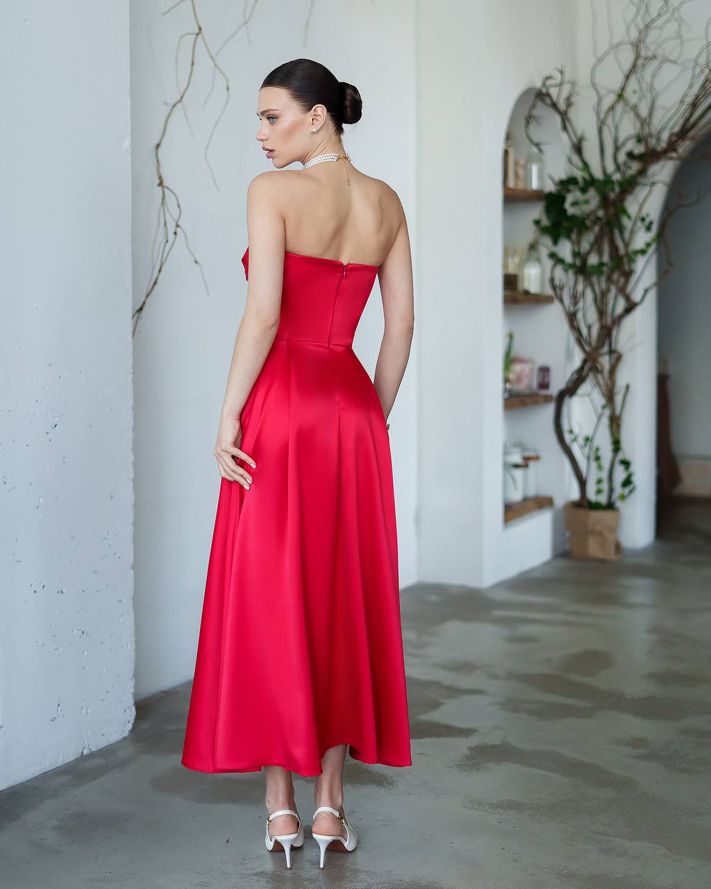 Strapless Satin Midi Dress