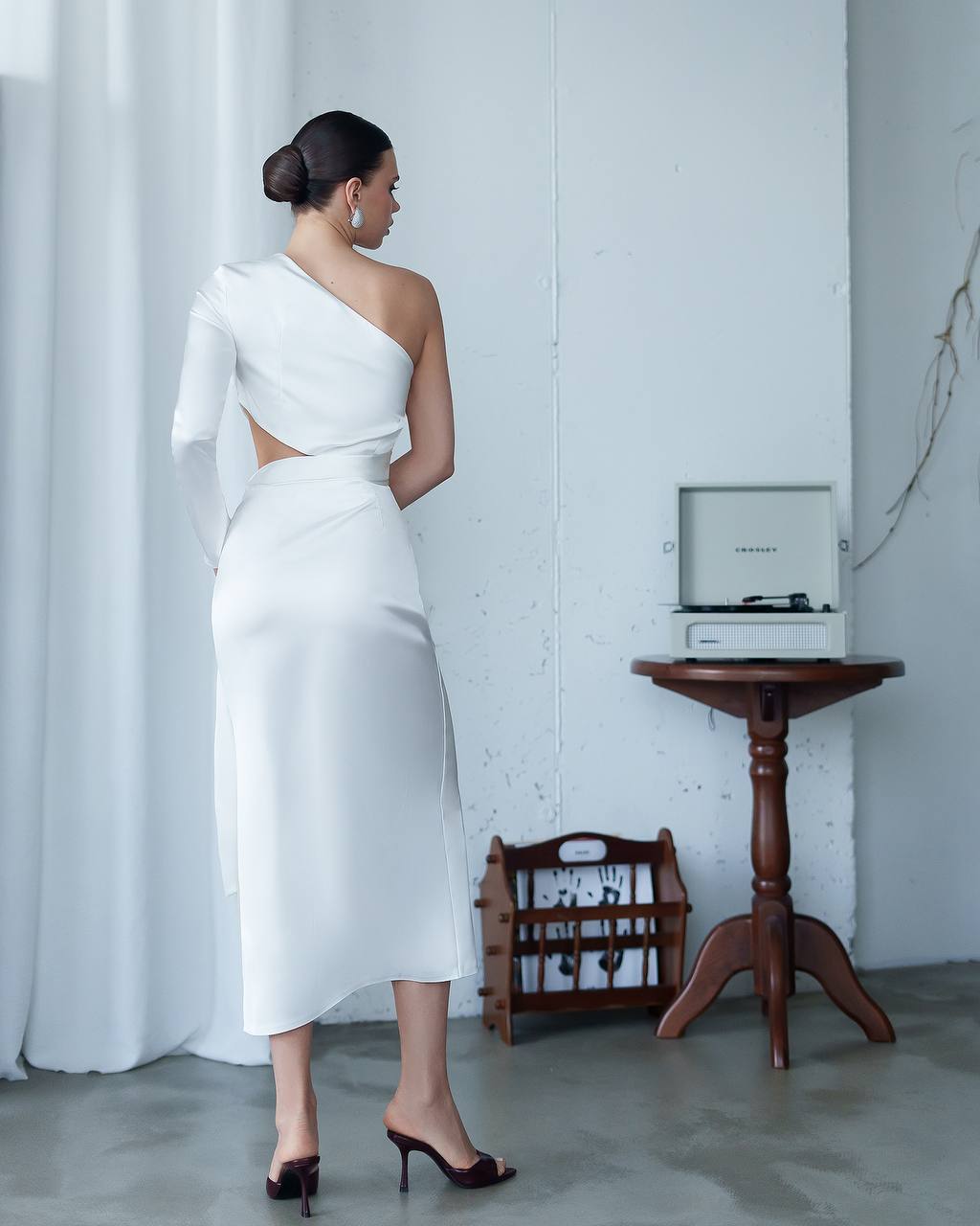 One-Shoulder Satin Dress with Sculptural Cut-Out