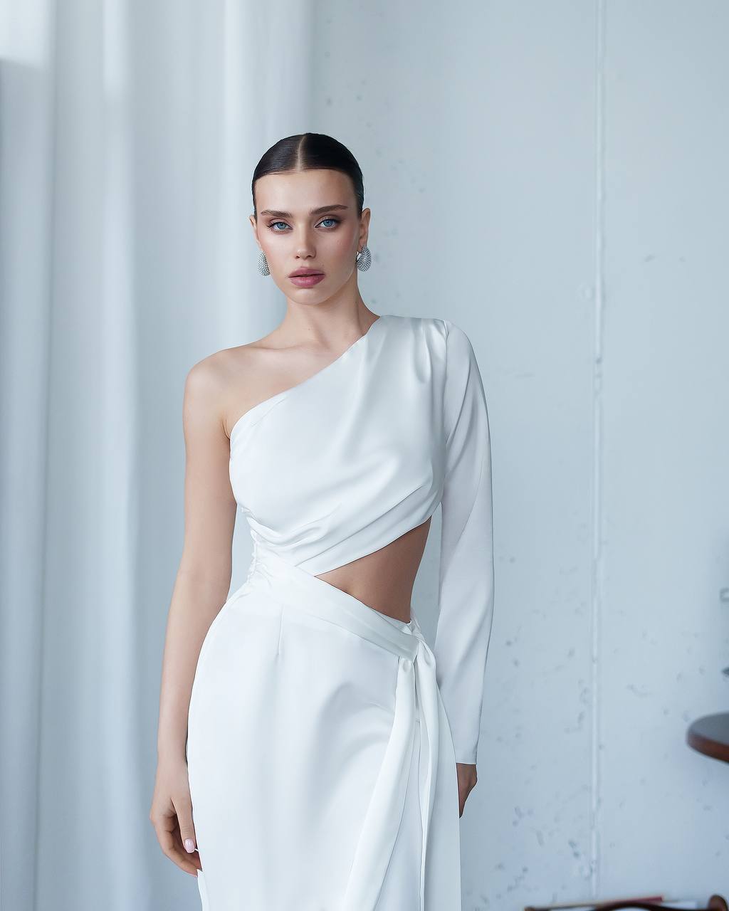 One-Shoulder Satin Dress with Sculptural Cut-Out