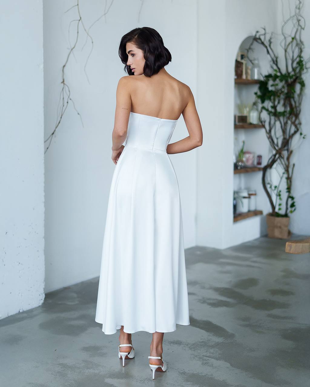 Strapless Satin Midi Dress