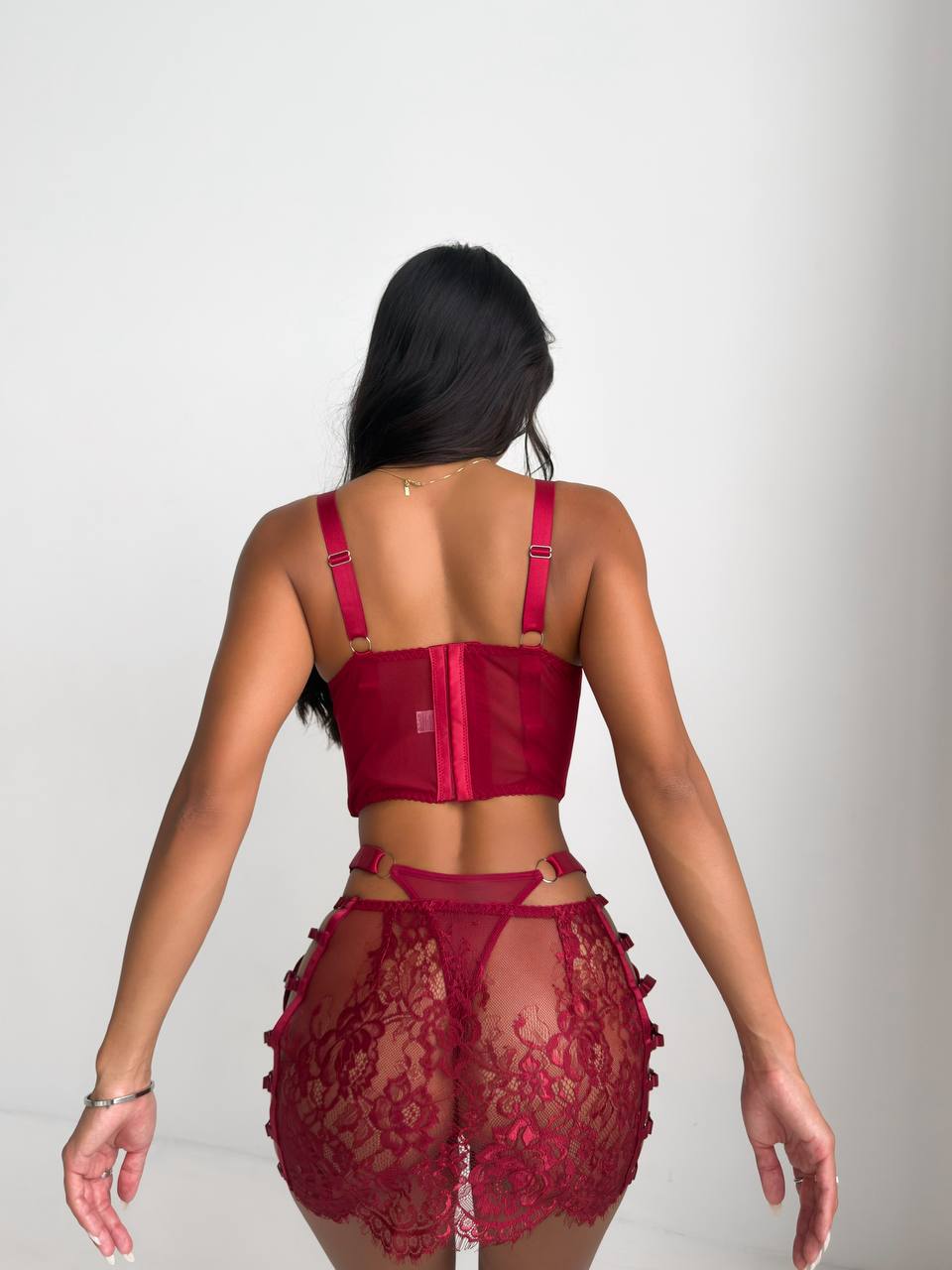 Burgundy Lace Lingerie Set with Mini Skirt