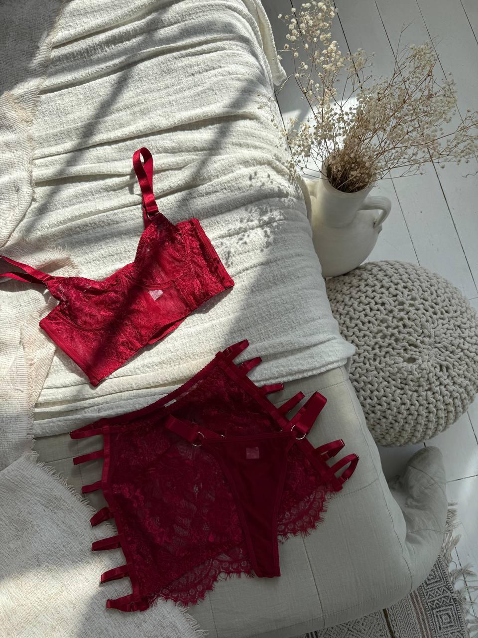 Burgundy Lace Lingerie Set with Mini Skirt