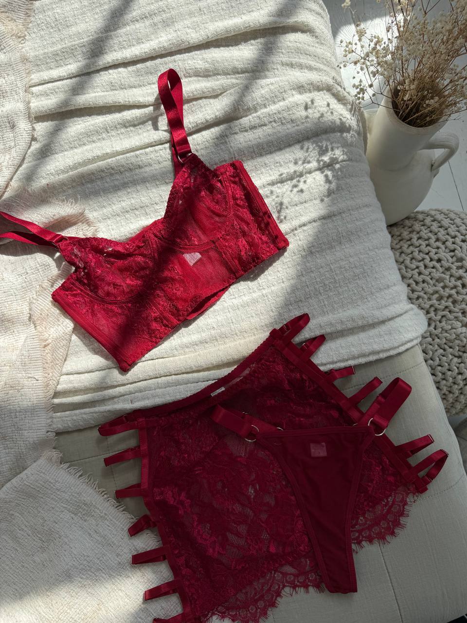 Burgundy Lace Lingerie Set with Mini Skirt