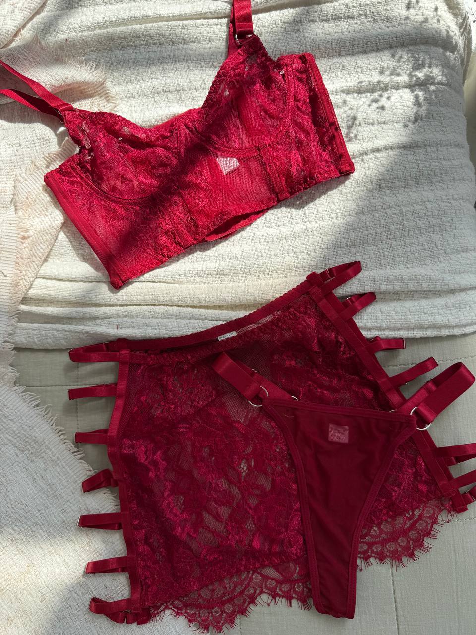 Burgundy Lace Lingerie Set with Mini Skirt