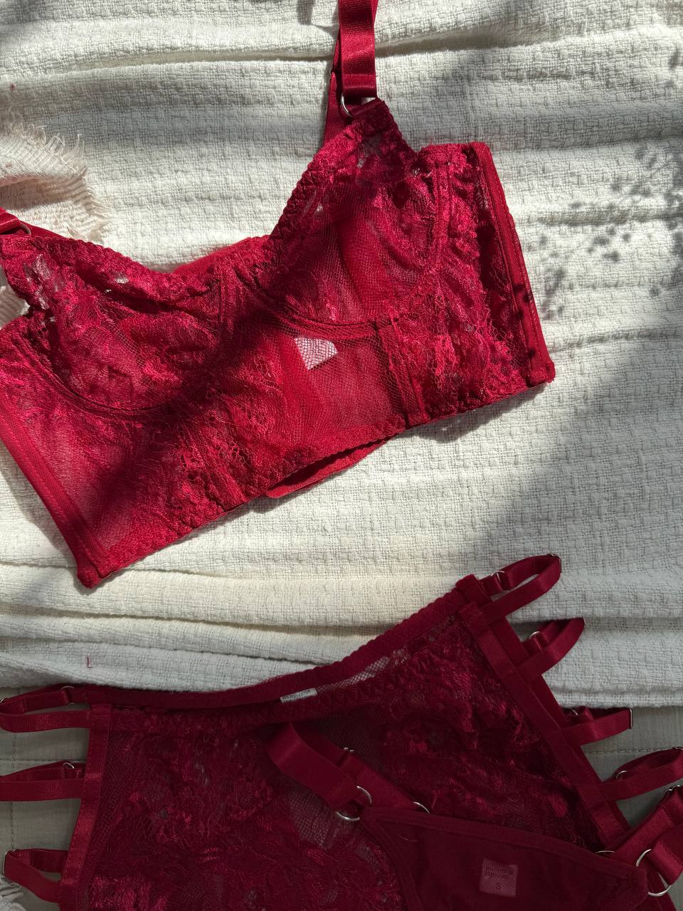 Burgundy Lace Lingerie Set with Mini Skirt