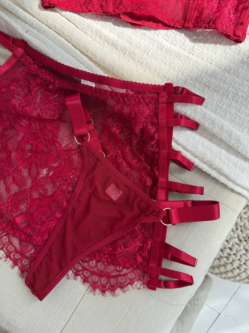 Burgundy Lace Lingerie Set with Mini Skirt