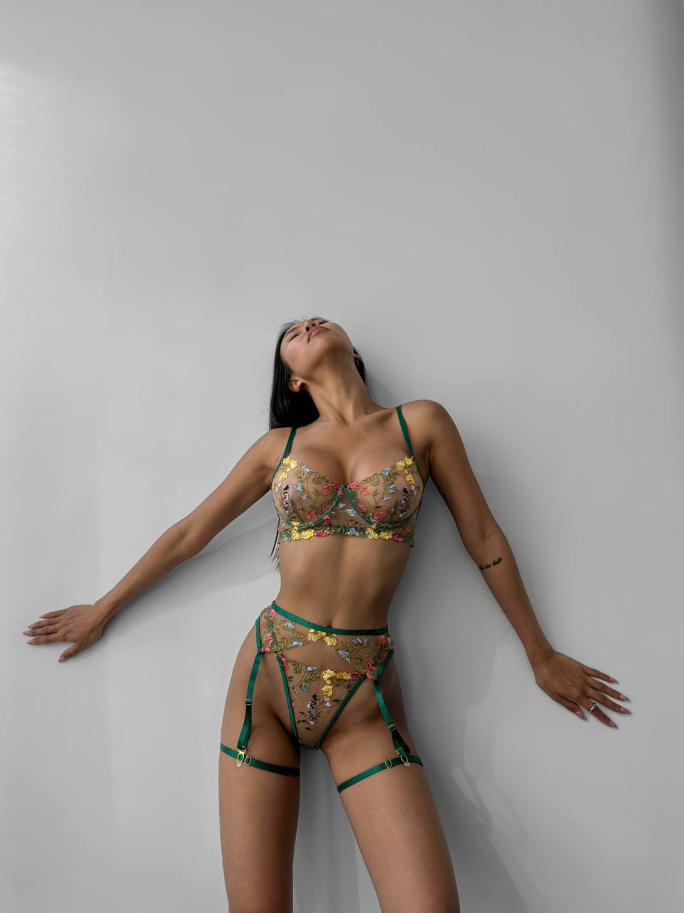 Green Satin Floral Lace Cup Lingerie Set