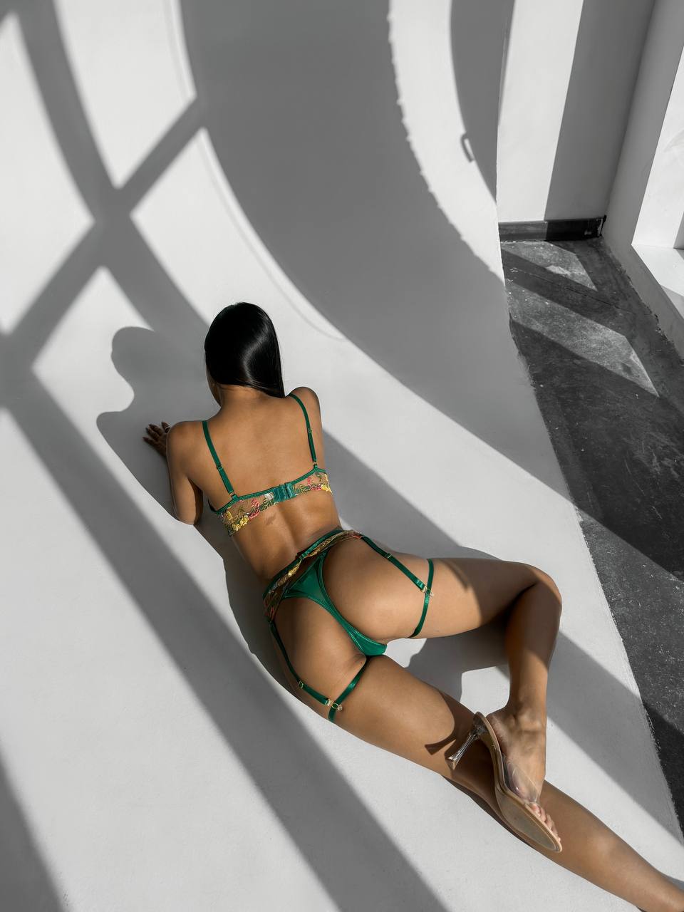 Green Satin Floral Lace Cup Lingerie Set