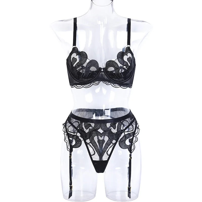 Black Lace Lingerie Set with Garters – Sheer Underwire Bra & High-Waist Panties