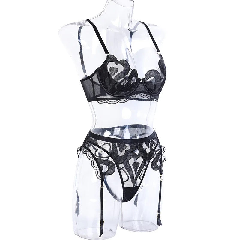 Black Lace Lingerie Set with Garters – Sheer Underwire Bra & High-Waist Panties
