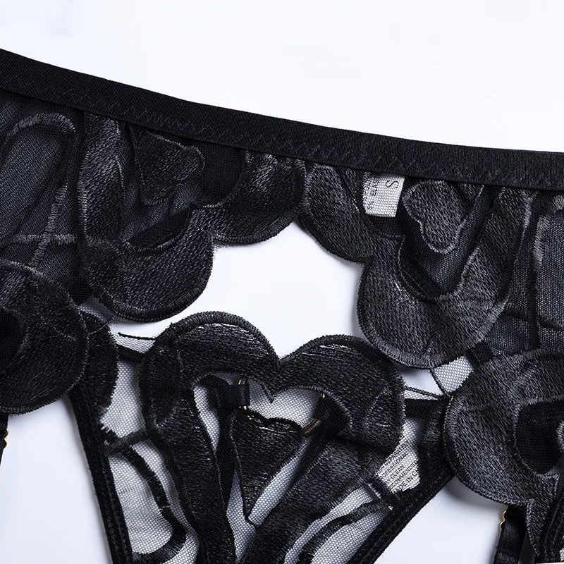 Black Lace Lingerie Set with Garters – Sheer Underwire Bra & High-Waist Panties