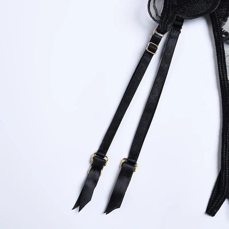 Black Lace Lingerie Set with Garters – Sheer Underwire Bra & High-Waist Panties