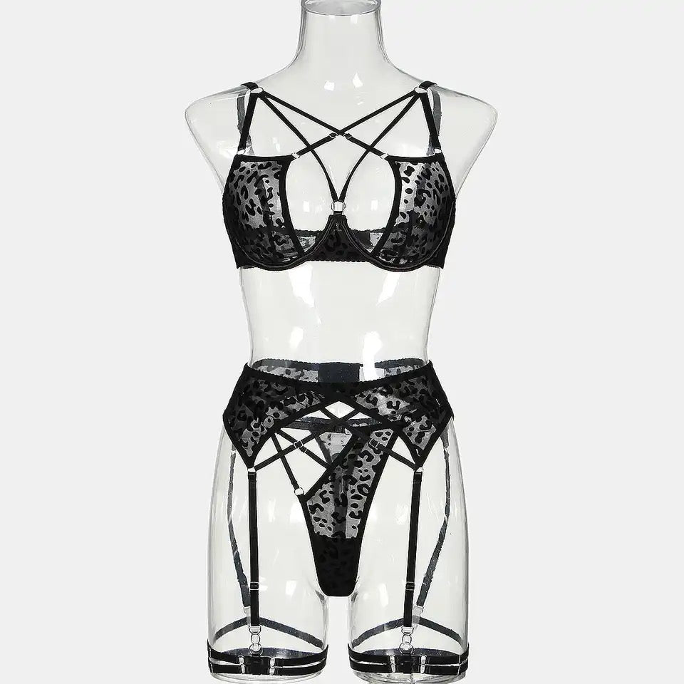 Black Lace Lingerie Set with Harness Details – Bra, Panties and Garter Belt