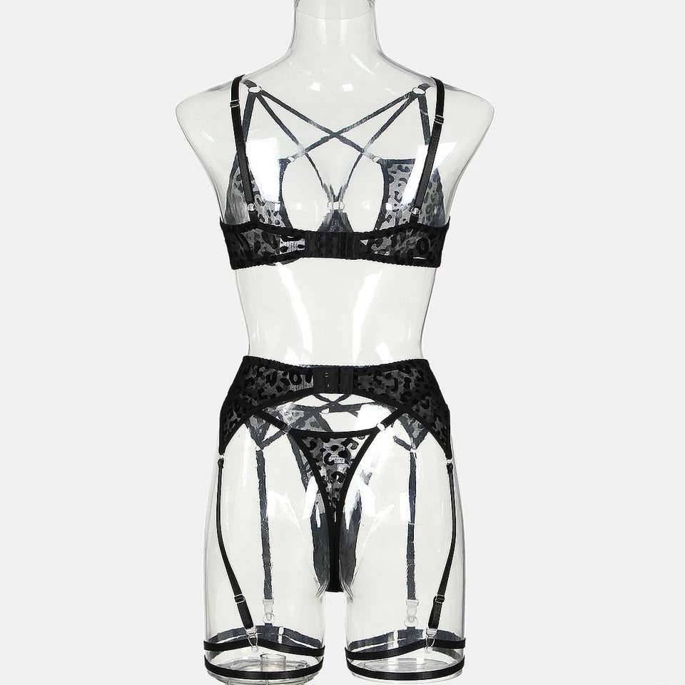 Black Lace Lingerie Set with Harness Details – Bra, Panties and Garter Belt
