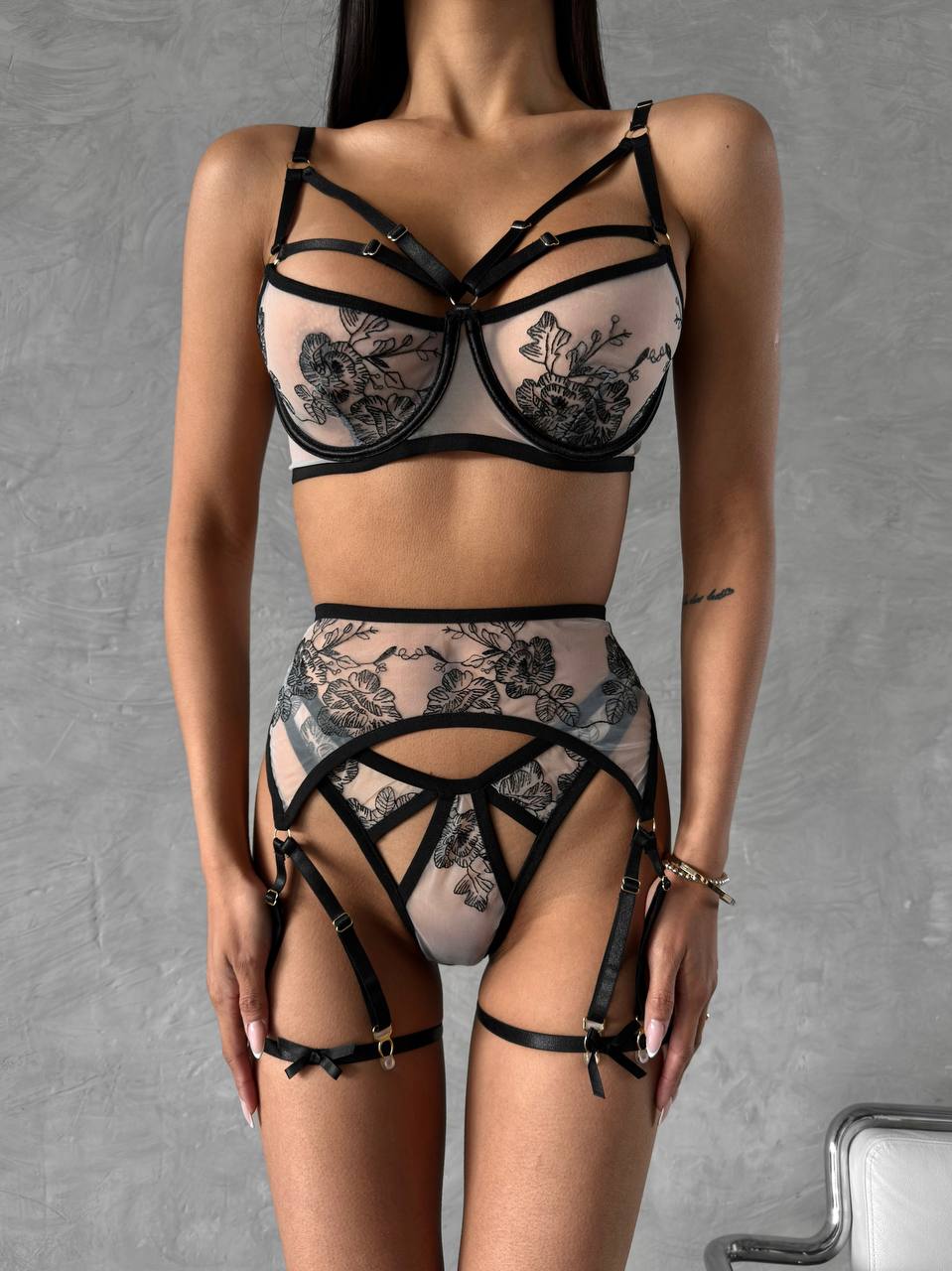 Sheer Floral Lingerie Set with Harness Details – Bra, High-Waist Panties & Garters