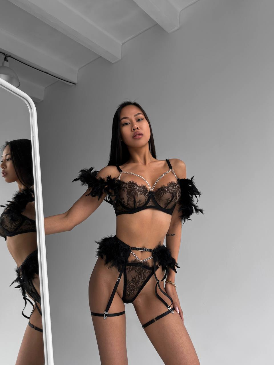 Black Lace Lingerie Set with Feather Accents – Bra, Panties & Garters
