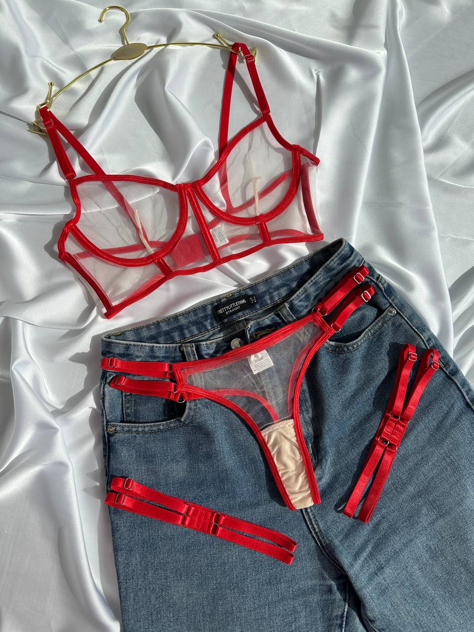 Red Sheer Mesh Lingerie Set – Underwire Bra & Thong