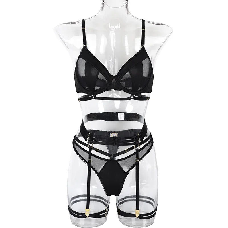 Black Harness Lingerie Set with Sheer Mesh – Bra, Panties & Garter Belt