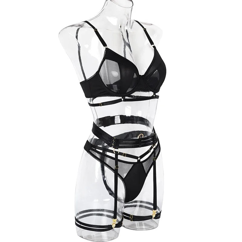 Black Harness Lingerie Set with Sheer Mesh – Bra, Panties & Garter Belt