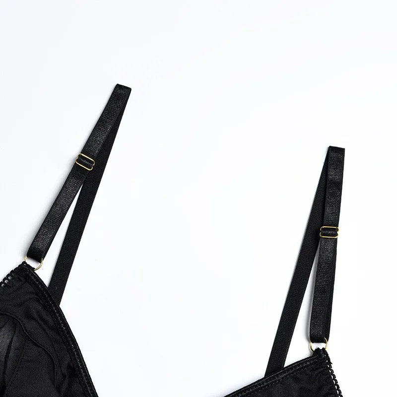 Black Harness Lingerie Set with Sheer Mesh – Bra, Panties & Garter Belt