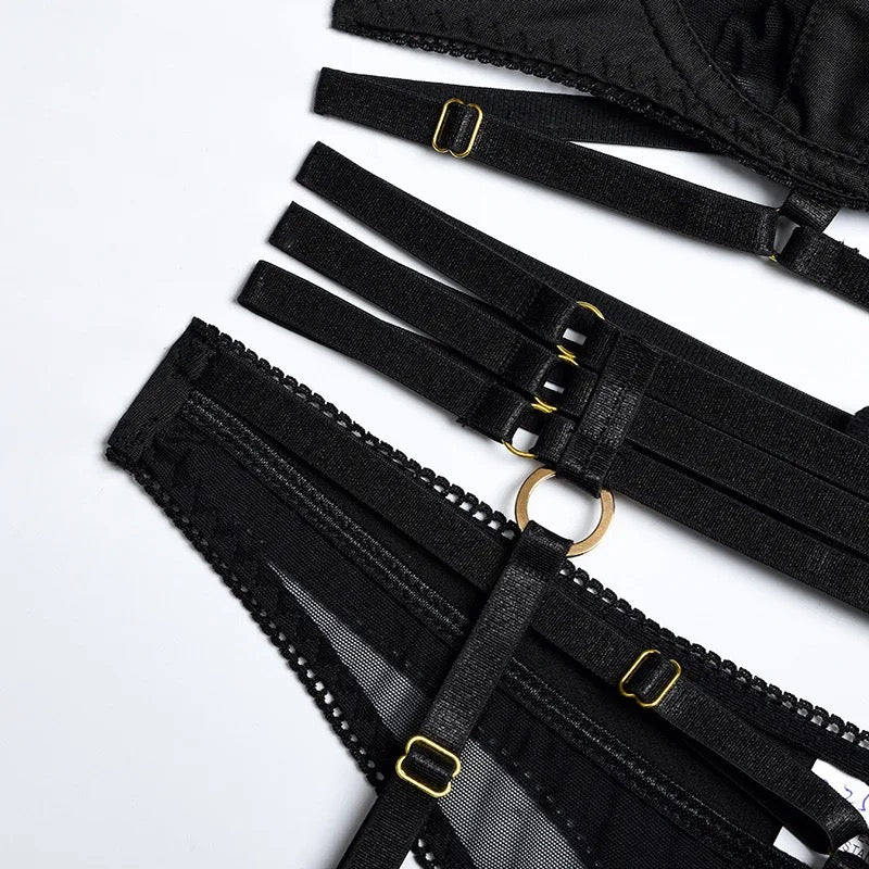 Black Harness Lingerie Set with Sheer Mesh – Bra, Panties & Garter Belt