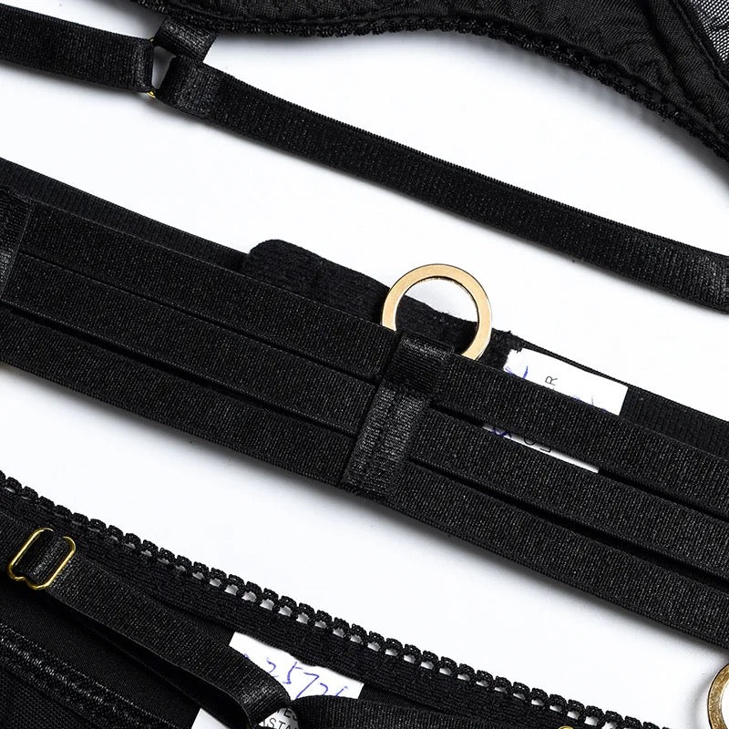 Black Harness Lingerie Set with Sheer Mesh – Bra, Panties & Garter Belt