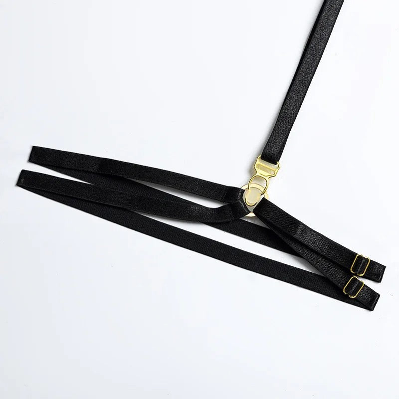 Black Harness Lingerie Set with Sheer Mesh – Bra, Panties & Garter Belt