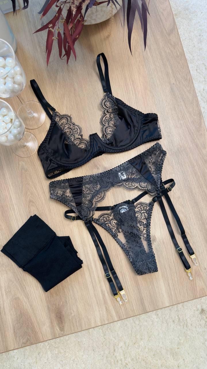 Luxury Black Lace Lingerie Set with Garter Belt